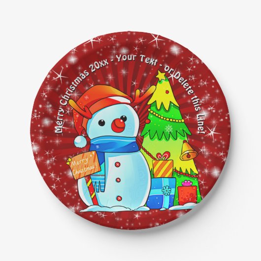 雪だるまクリスマスツリープレゼント年文字赤7" ペーパープレート (正面)