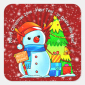 雪だるまクリスマスツリープレゼント年文字赤 スクエアシール (正面)