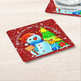 雪だるまクリスマスツリープレゼント年文字赤 スクエアペーパーコースター