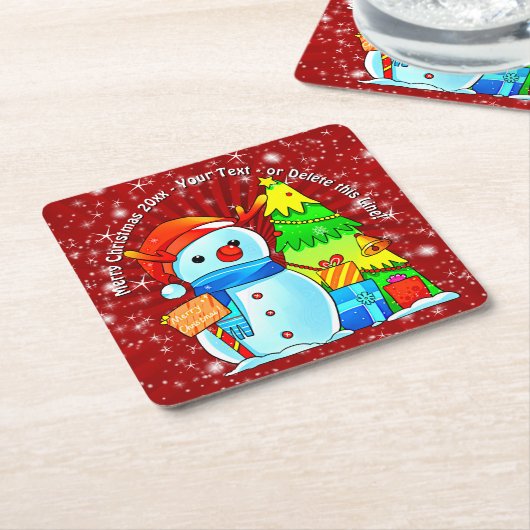 雪だるまクリスマスツリープレゼント年文字赤 スクエアペーパーコースター (アングル)