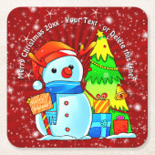 雪だるまクリスマスツリープレゼント年文字赤 スクエアペーパーコースター (正面)