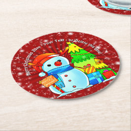 雪だるまクリスマスツリープレゼント年文字赤 ラウンドペーパーコースター