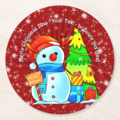雪だるまクリスマスツリープレゼント年文字赤 ラウンドペーパーコースター (正面)