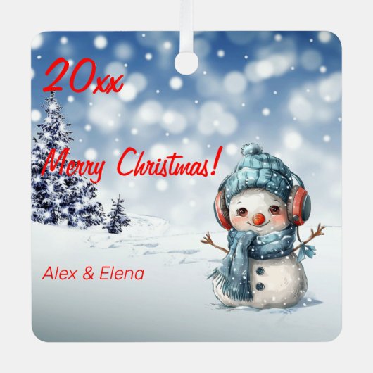 雪だるまクリスマスツリー雪メタルスクエアオーナメント メタルオーナメント (正面)