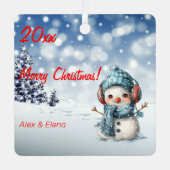 雪だるまクリスマスツリー雪写真スクエアオーナメント メタルオーナメント (正面)