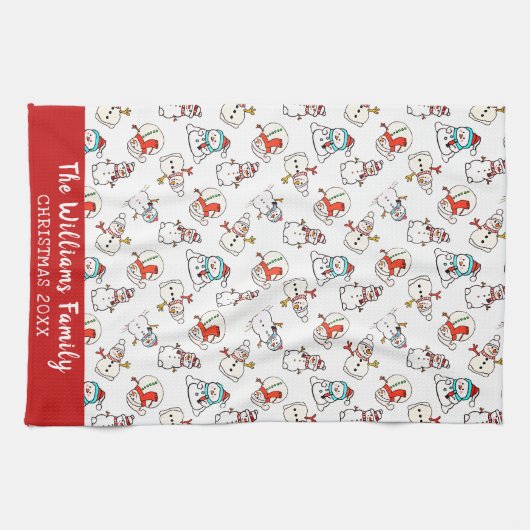 雪だるまクリスマスパターン | 家族の名前と年 キッチンタオル (横)