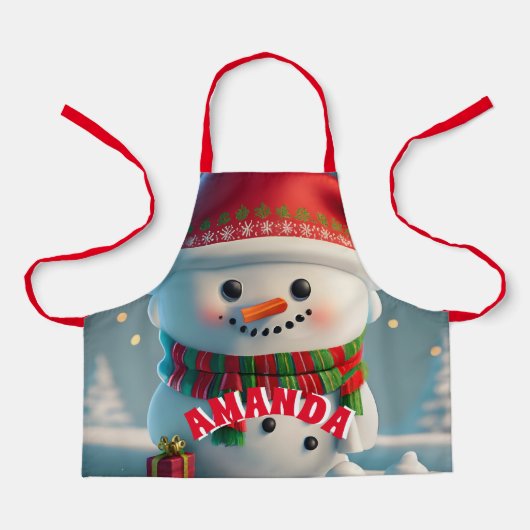 雪だるまクリスマスパーソナライズされたキッズ エプロン (正面)