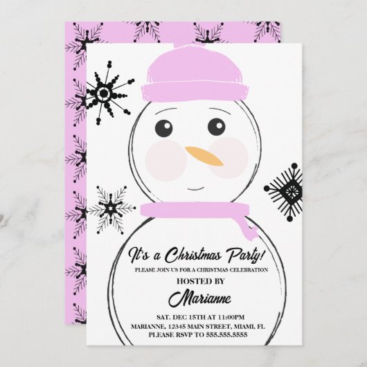 雪だるまクリスマスパーティーピンクスカーフハット招待状 招待状 (正面/裏面)
