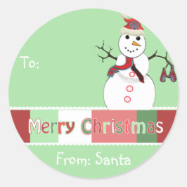 雪だるまクリスマスラベルグリーンが選択カラー ラウンドシール