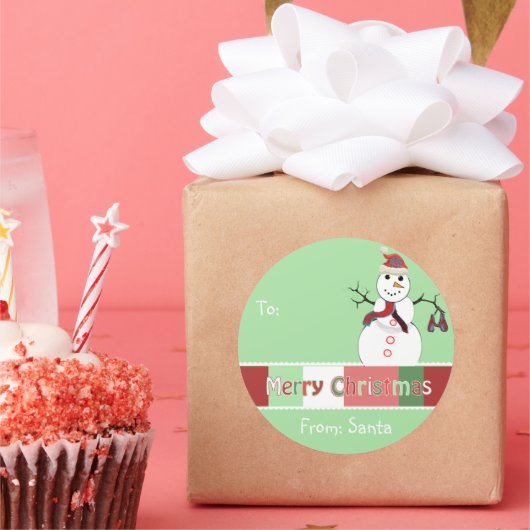 雪だるまクリスマスラベルグリーンが選択カラー ラウンドシール (パーティー)