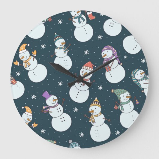 雪だるまクリスマス：ヴィンテージの降雪チャーム。 ラージ壁時計 (正面)