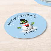 雪だるまクールメリークリスマスウィンター名前をカスタムする ラウンドペーパーコースター (アングル)