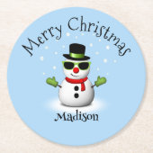 雪だるまクールメリークリスマスウィンター名前をカスタムする ラウンドペーパーコースター (正面)