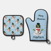 雪だるまクールメリークリスマスウィンター名前をカスタムする 鍋つかみ&鍋敷きセット (正面)
