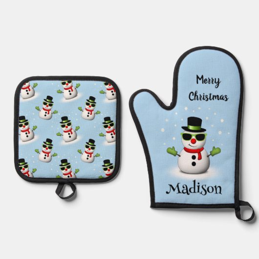 雪だるまクールメリークリスマスウィンター名前をカスタムする 鍋つかみ&鍋敷きセット (正面)