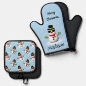 雪だるまクールメリークリスマスウィンター名前をカスタムする 鍋つかみ&鍋敷きセット (正面/裏面)