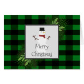 雪だるまグリーンバッファロープレイドグリーティングカード (正面横)