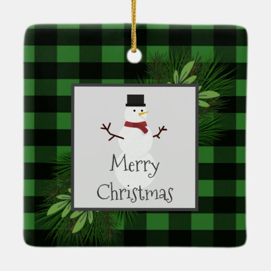 雪だるまグリーンバッファロープレイドセラミックオーナメント セラミックオーナメント (裏面)