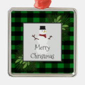 雪だるまグリーンバッファロープレイドセラミックオーナメント メタルオーナメント (正面)