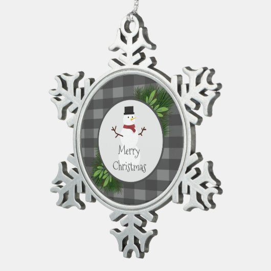 雪だるまグレーバッファロープレイドスノーフレークオーナメント スノーフレークピューターオーナメント (右)