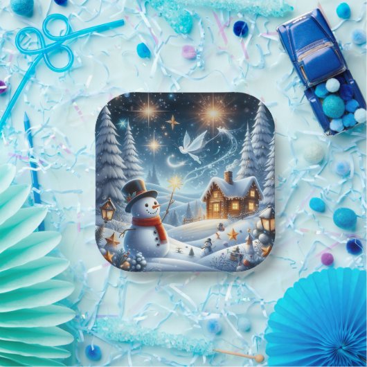 雪だるまコテージ冬紙プレート ペーパープレート (パーティー)