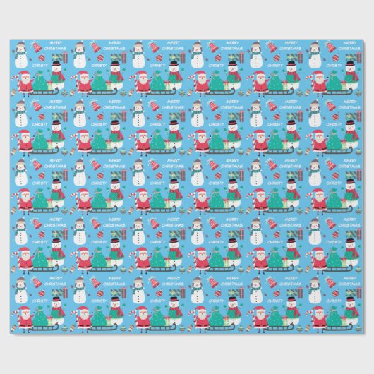 雪だるまサンタキッズブルーパーソナライズされたクリスマス ラッピングペーパー (フラット)