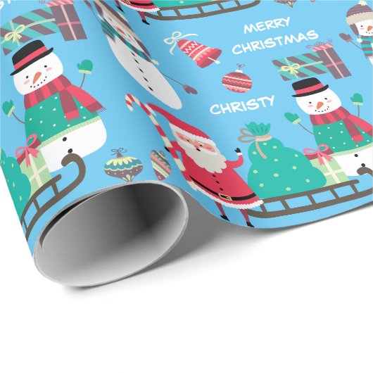 雪だるまサンタキッズブルーパーソナライズされたクリスマス ラッピングペーパー (ロールコーナー)