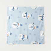 雪だるまシームレスパターン、冬背景、冬 タペストリー (正面(横))