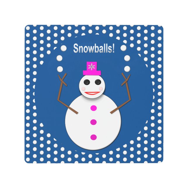 雪だるまジャグリングのクリスマススノーレディおもしろいー メタルプリント (正面)