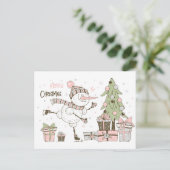 雪だるまスキー(クリスマスツリーとギフト付き) ポストカード (スタンド正面)