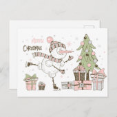 雪だるまスキー(クリスマスツリーとギフト付き) ポストカード (正面/裏面)