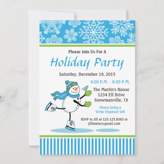 雪だるまスケートのホリデーパーティー招待状 招待状 (正面)