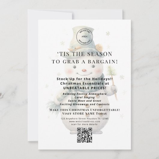 雪だるまストアのクリスマスオファーQR印刷可能カード 招待状 (正面)