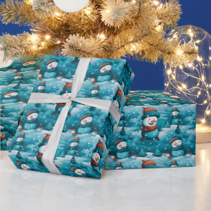 雪だるまスノーウィーフィールドツリーズブルークリスマス ラッピングペーパー