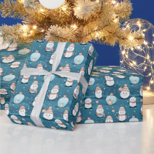 雪だるまスノークリスマスオーナメントブルークリスマス ラッピングペーパー