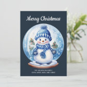 雪だるまスノーグローブネイビーブルーホワイトメリークリスマス シーズンカード (スタンド正面)