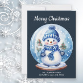雪だるまスノーグローブネイビーブルーホワイトメリークリスマス シーズンカード