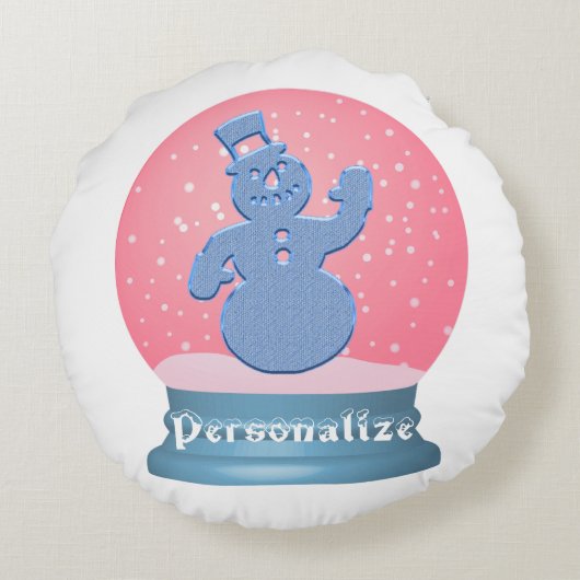 雪だるまスノーグローブピンク青かわいい ラウンドクッション (裏面)