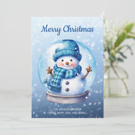 雪だるまスノーグローブブルーホワイトメリークリスマス シーズンカード (スタンド正面)