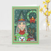 雪だるまセーターの魔女、黒猫クリスマスハロウィーン カード (黄色い花)