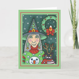 雪だるまセーターの魔女、黒猫クリスマスハロウィーン カード