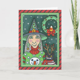 雪だるまセーターの魔女、黒猫クリスマスハロウィーン カード