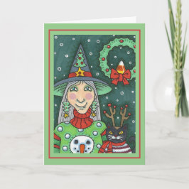 雪だるまセーターの魔女、黒猫クリスマスハロウィーン カード
