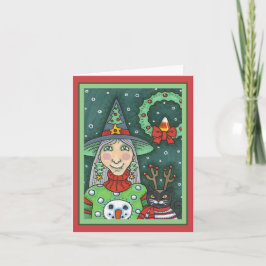 雪だるまセーターの魔女、黒猫クリスマスハロウィーン カード