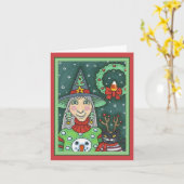 雪だるまセーターの魔女、黒猫クリスマスハロウィーン カード (黄色い花)