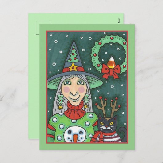 雪だるまセーターの魔女、黒猫クリスマスハロウィーン シーズンポストカード (正面/裏面)