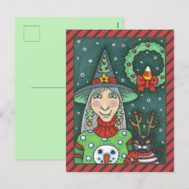 雪だるまセーターの魔女、黒猫クリスマスハロウィーン シーズンポストカード
