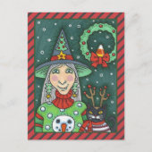 雪だるまセーターの魔女、黒猫クリスマスハロウィーン シーズンポストカード (正面)