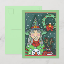 雪だるまセーターの魔女、黒猫クリスマスハロウィーン シーズンポストカード