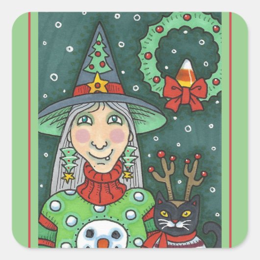 雪だるまセーターの魔女、黒猫クリスマスハロウィーン スクエアシール (正面)